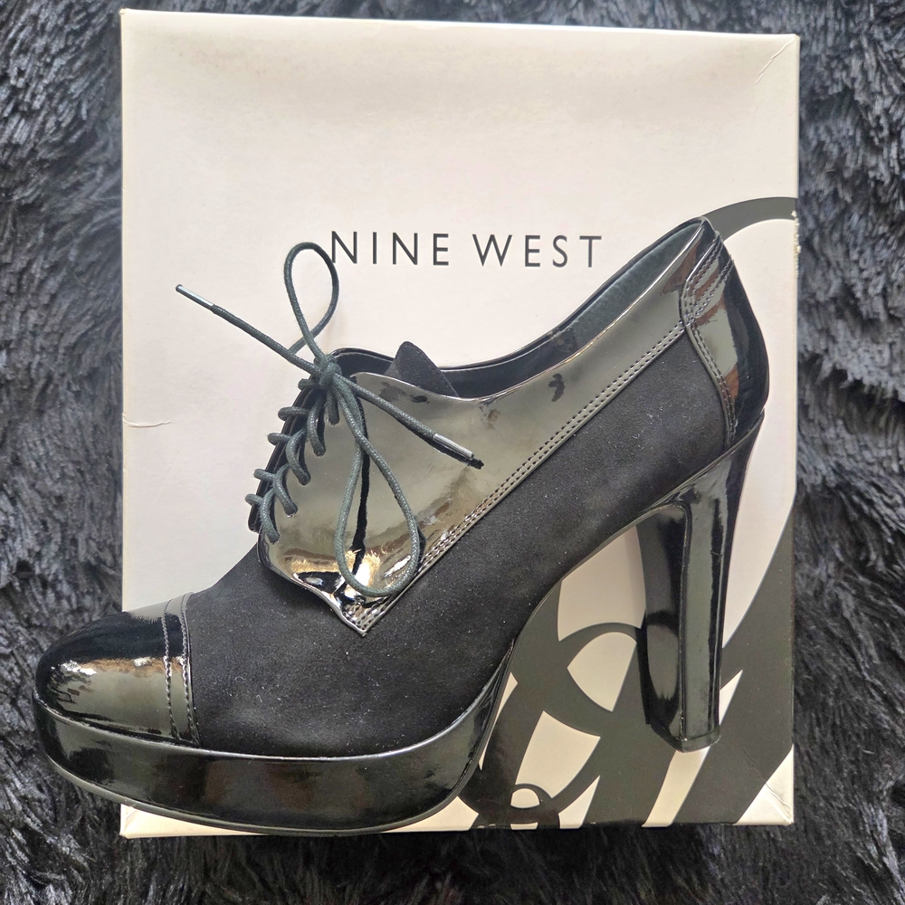 Nine West Black Suede and Patent Lace-Up Platfform Heels